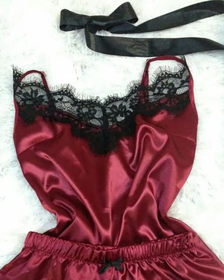 Eyelash Lace Insert Satin pajama set
