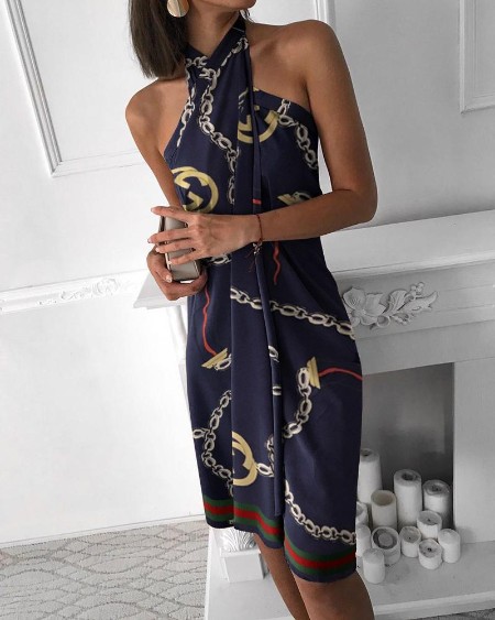 Chain Print Halter Sleeveless Ruched Design Dress