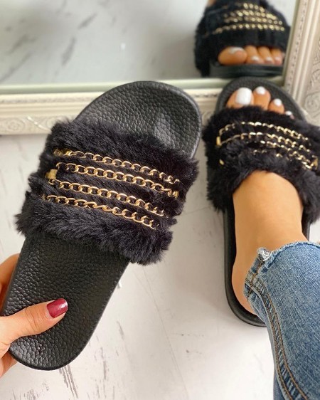 Fluffy Chain Detail Open Toe Slippers