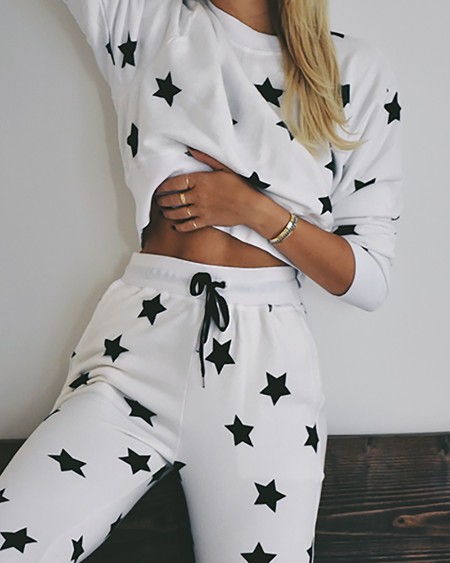 Stars Print Long Sleeve Round Neck Pajamas Set