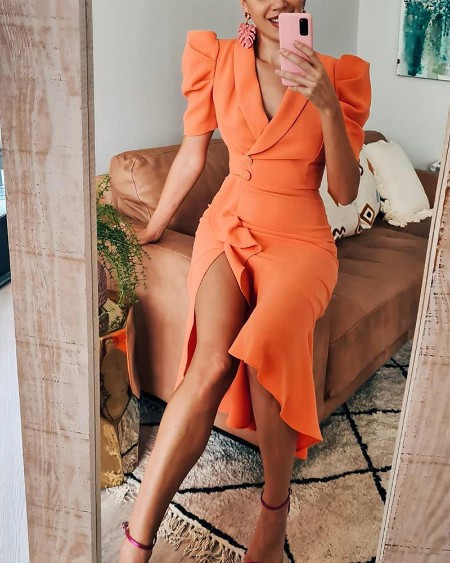 V-Cut Ruffle Hem Slit Wrap Midi Dress