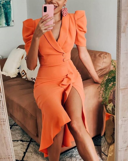 V-Cut Ruffle Hem Slit Wrap Midi Dress