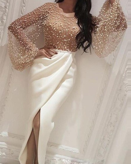 Beaded Embellished Mesh Patchwork Slit Dress