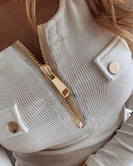 Button Zipper Design Long Sleeve Blouse