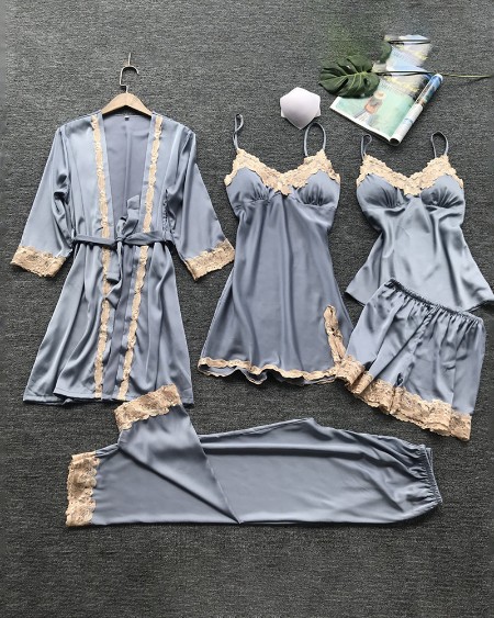Satin Lace Trim 5PCS Sleepwear Sets