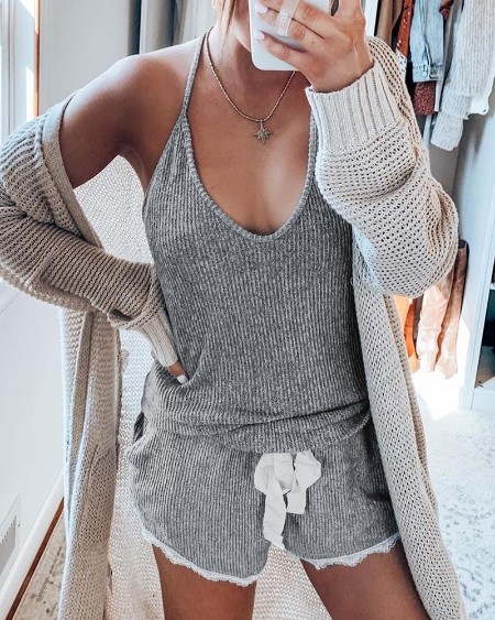 Solid Halter Knitted Cami Set