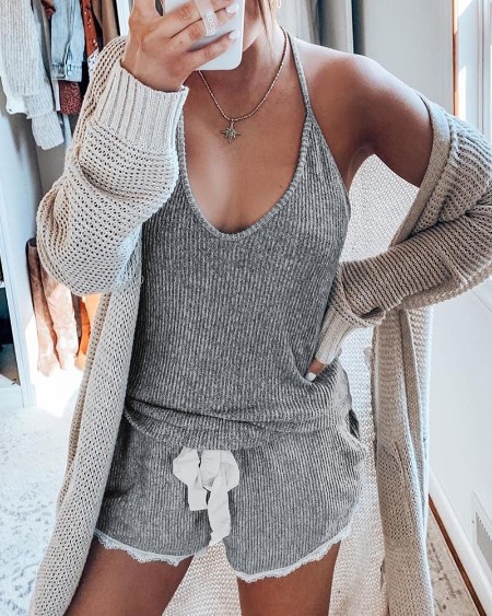 Solid Halter Knitted Cami Set