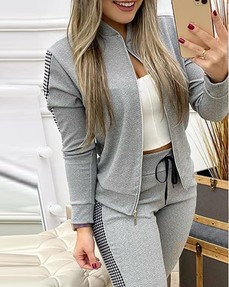 Contrast Plaid Jacket & Drawstring Pants Set