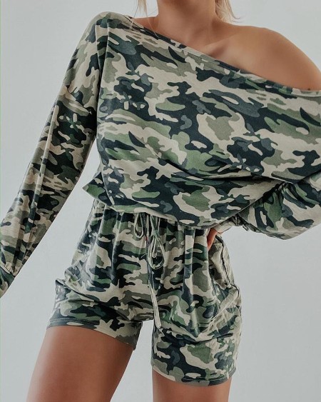 Camouflage Print One Shoulder Romper