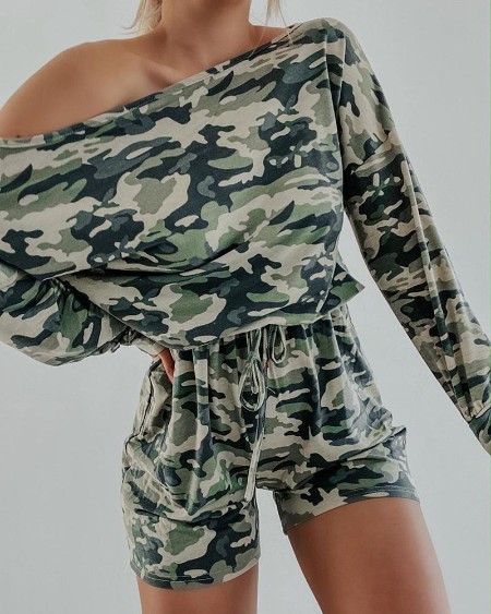 Camouflage Print One Shoulder Romper