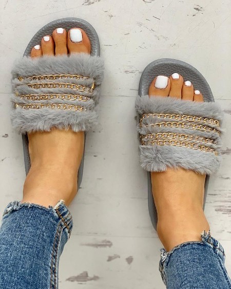 Fluffy Chain Detail Open Toe Slippers