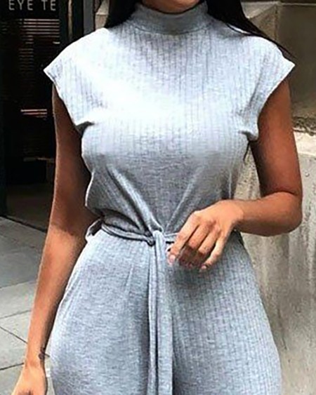 Solid High Neck Ribbed Sleeveless Jumpsuit