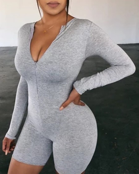 Solid Long Sleeve Zipper Romper
