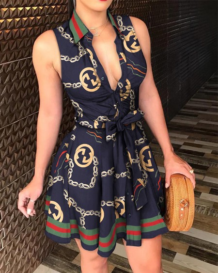 Chain Print Tie Waist Sleeveless Shirt Dress