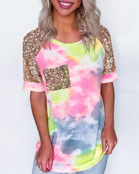 Tie Dye Print Sequins Pocket Design Casual T-shirt