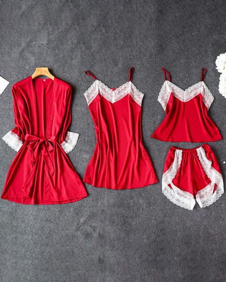 Satin Lace Trim 4PCS Sleepwear Sets