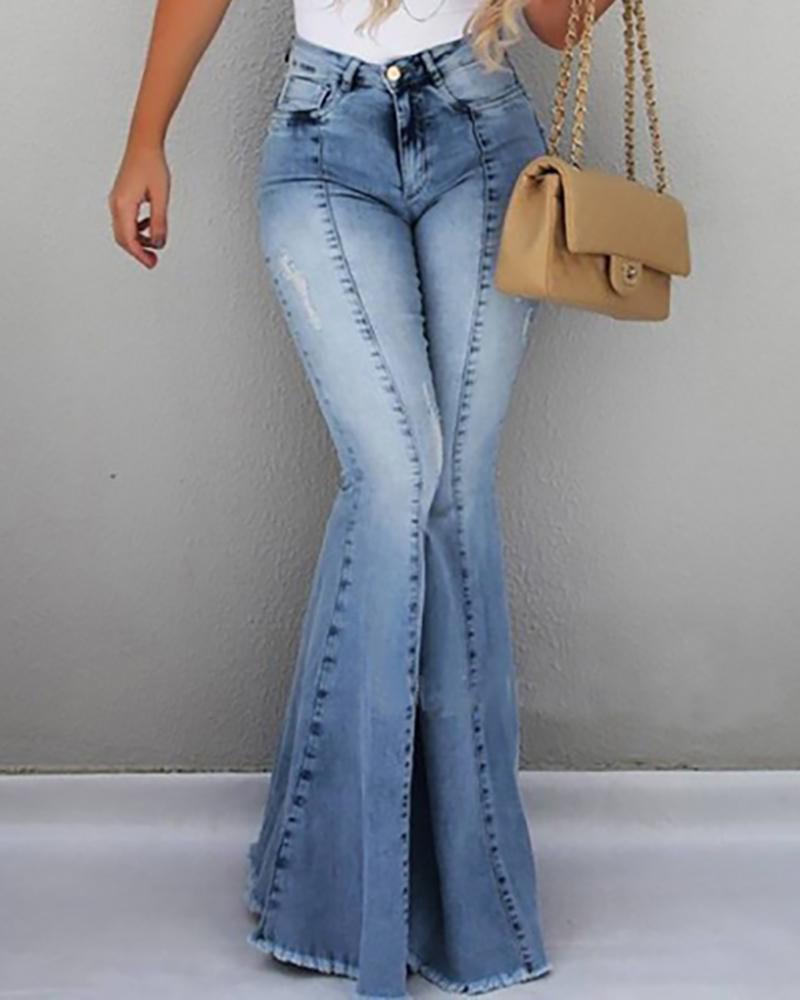 

High Waist Pocket Bell-Bottom Jeans, Blue
