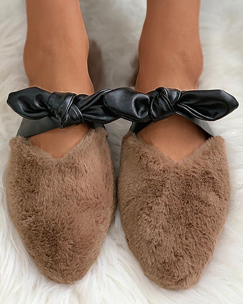 

Pointed Toe Bowknot Fluffy Slippers, Brown