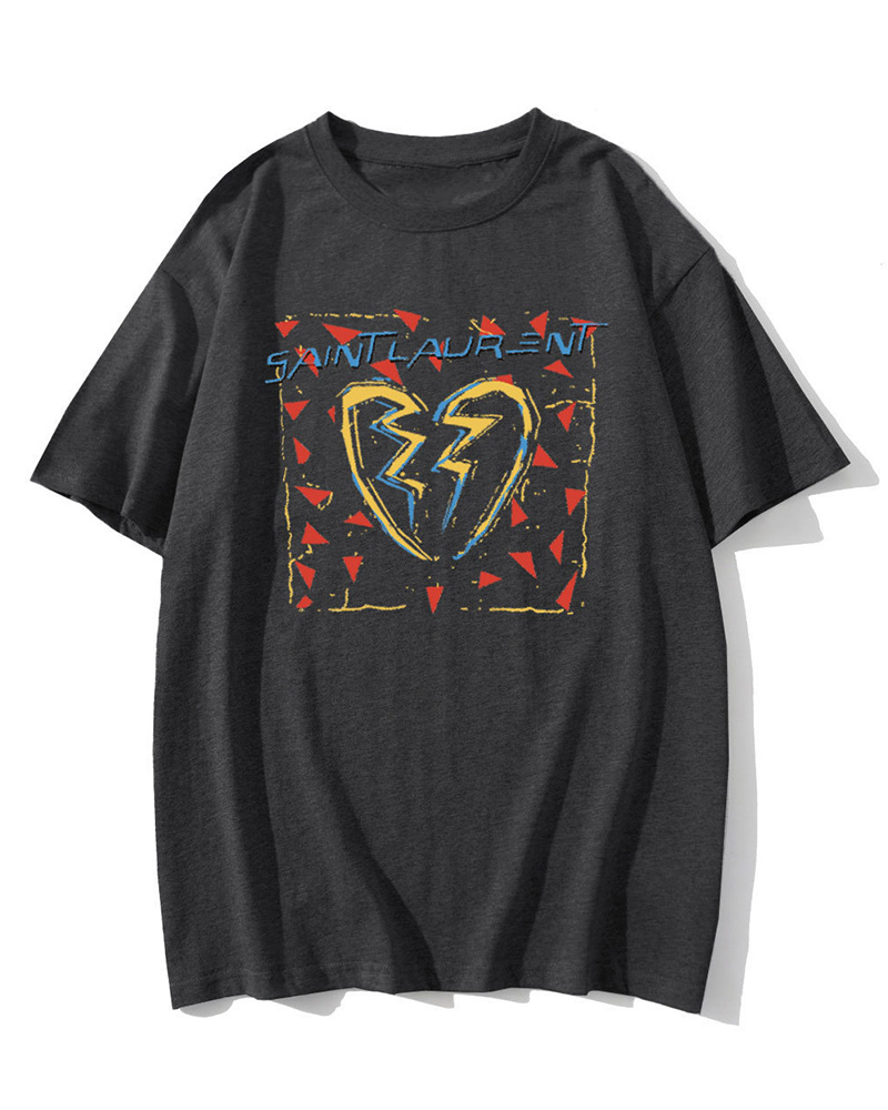 

Heart Cartoon Print Short Sleeve T-shirt, Dark grey