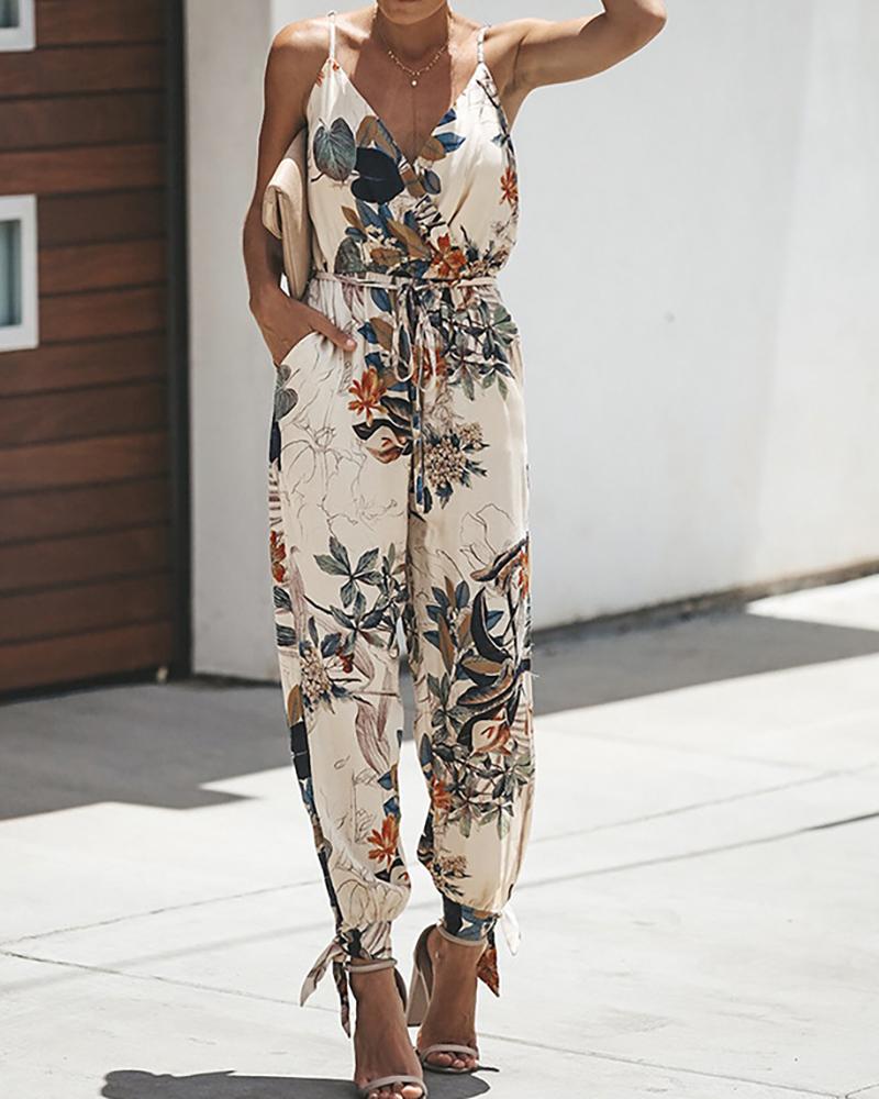 

Spaghetti Strap V-neck Print Slit Jumpsuit, White