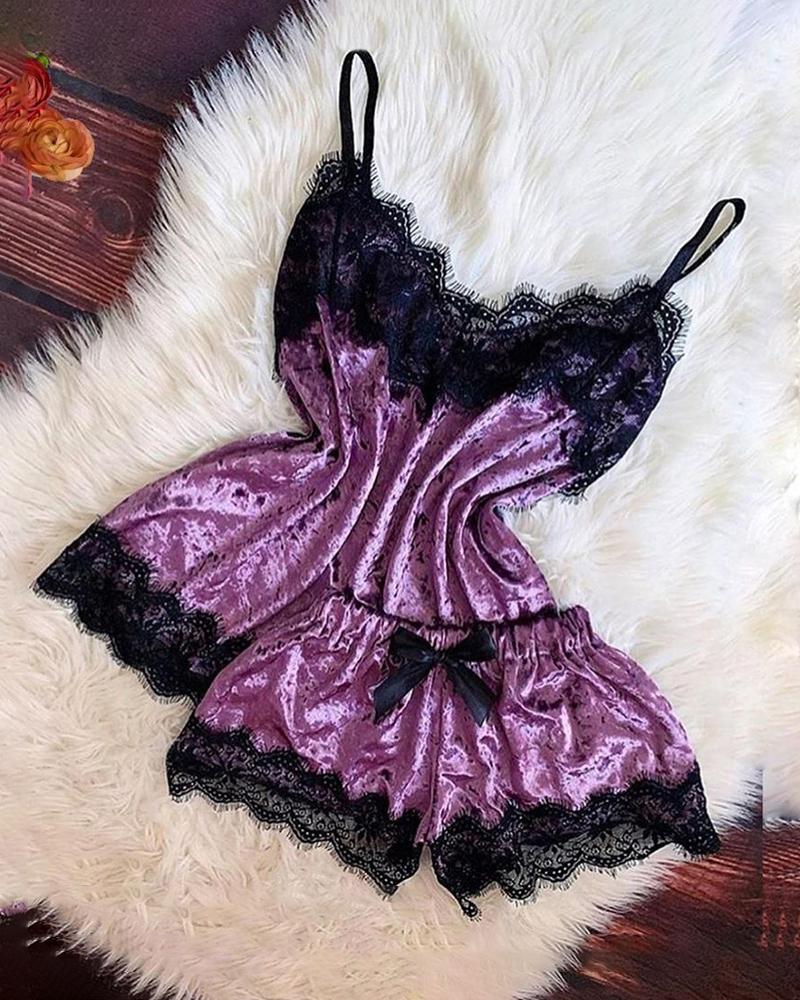

V-neck Lace Trim Cami Sets, Purple