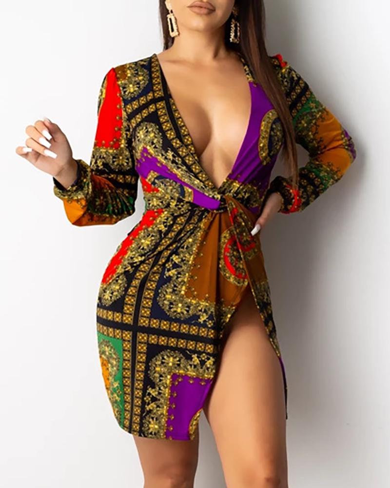 

Mixed Print Deep V Slit Bodycon Dress, Multicolor