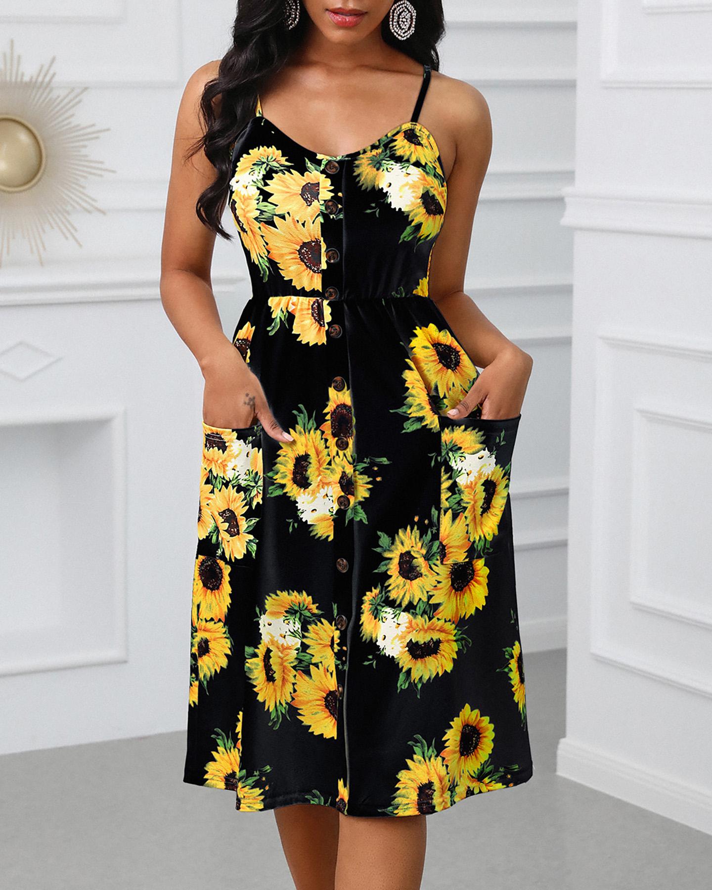 

Sunflower Print Spaghetti Strap Casual Dress, Black