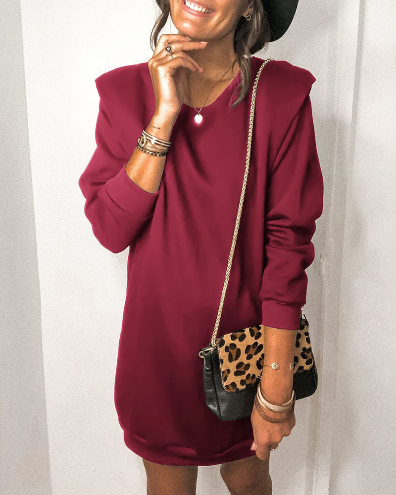 

Plain Long Sleeve Padded Casual Women Dress, Wine red