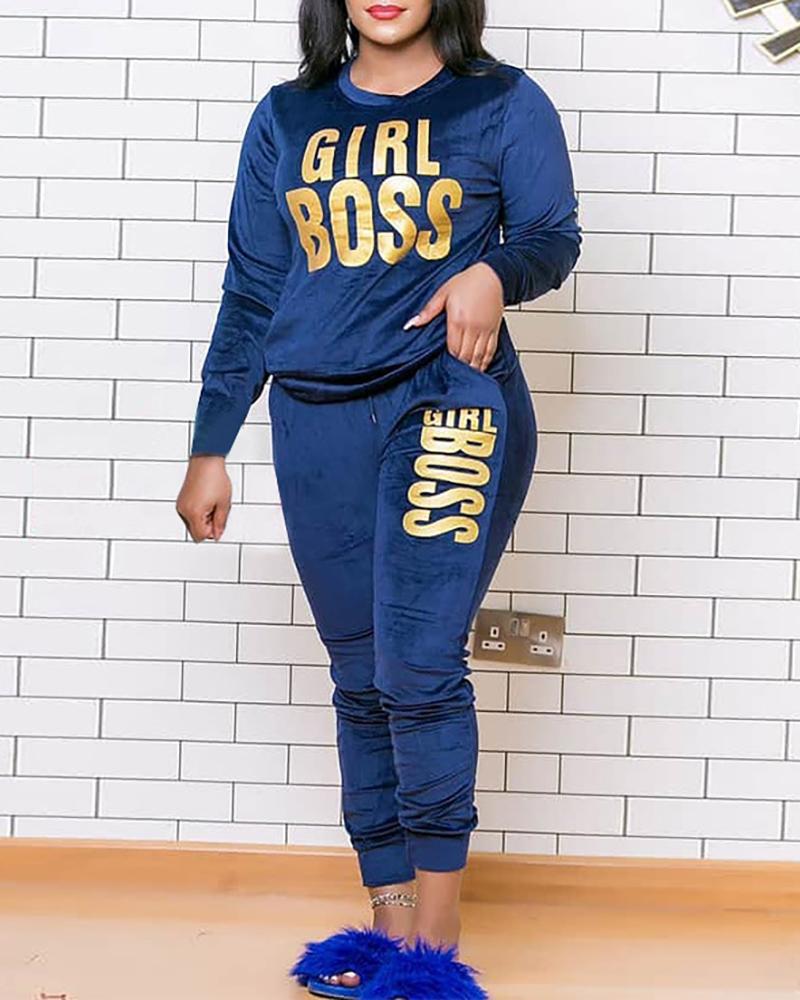 

Letter Print Top & Pants Set, Blue