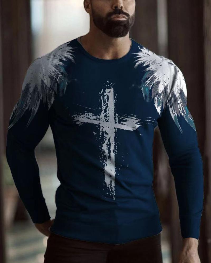 

Cross Print Long Sleeve T-shirt, Blue