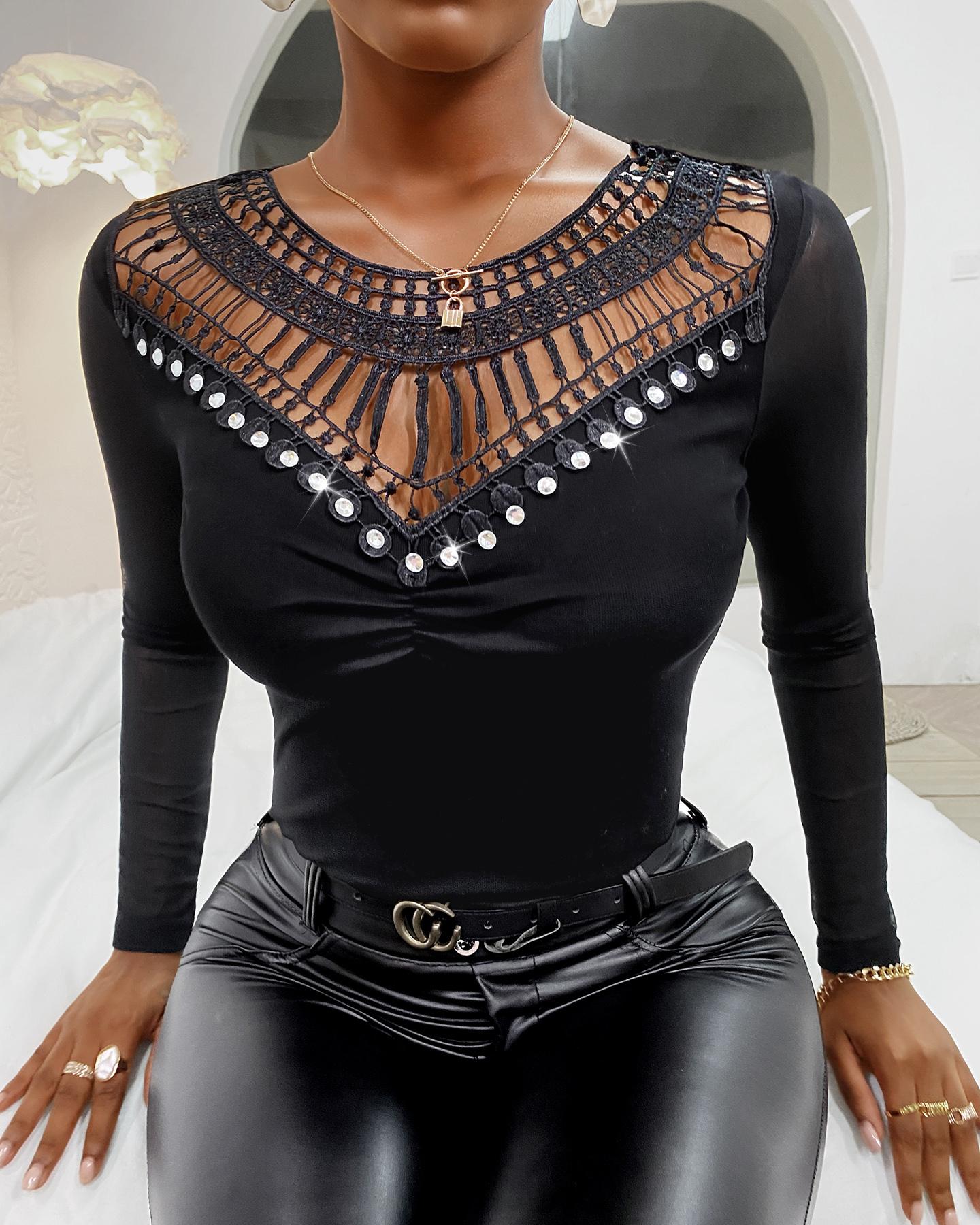 

Hollow Out Studded Ruched Long Sleeve Top, Black