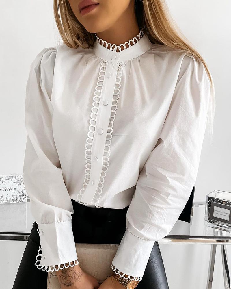 

Puffed Sleeve Hollow Out Button Design Shirt, White
