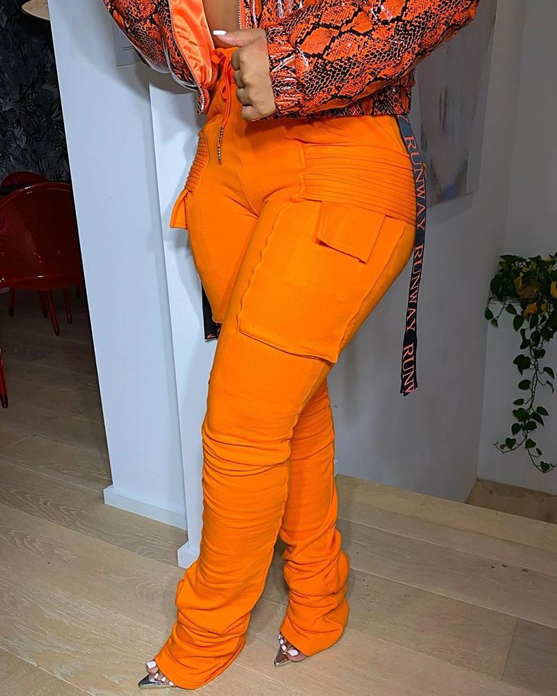 

Plain Pocket Design Drawstring Waist Fold Pants, Orange