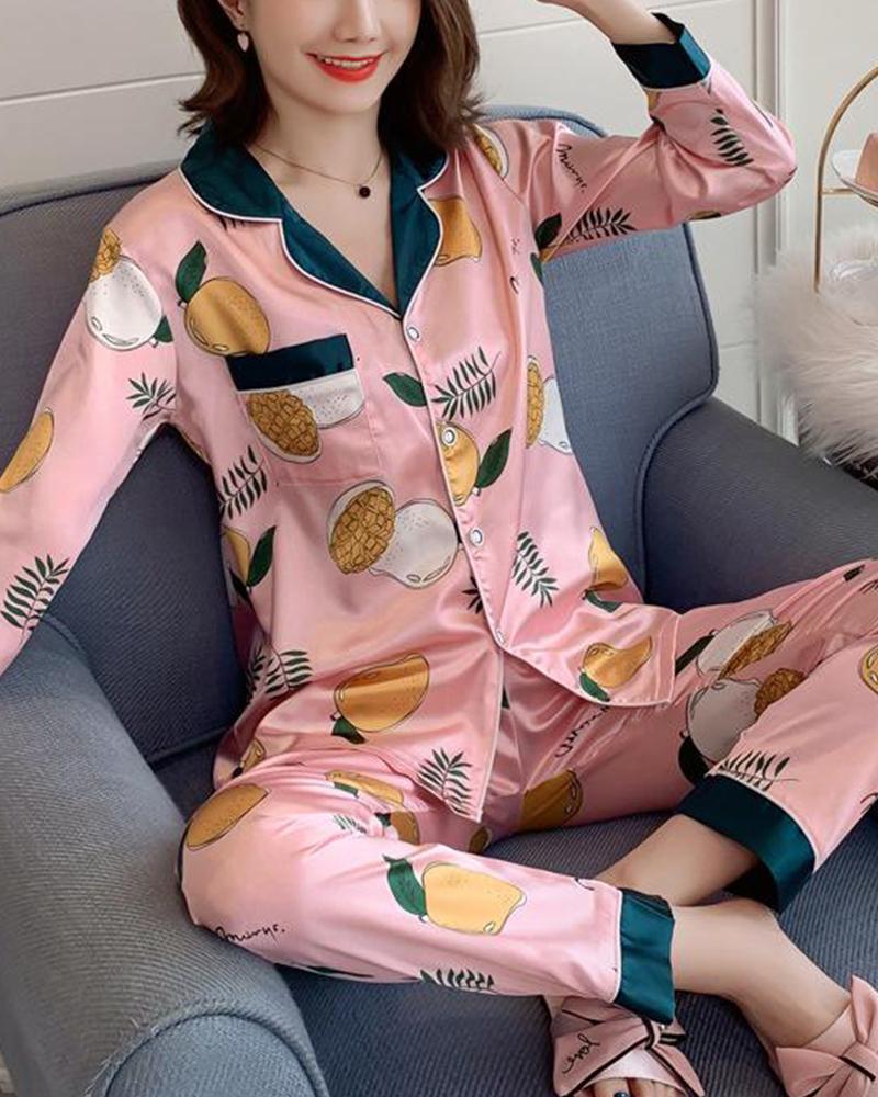 

Cartoon Print Two-Piece Pajama Set, Pink