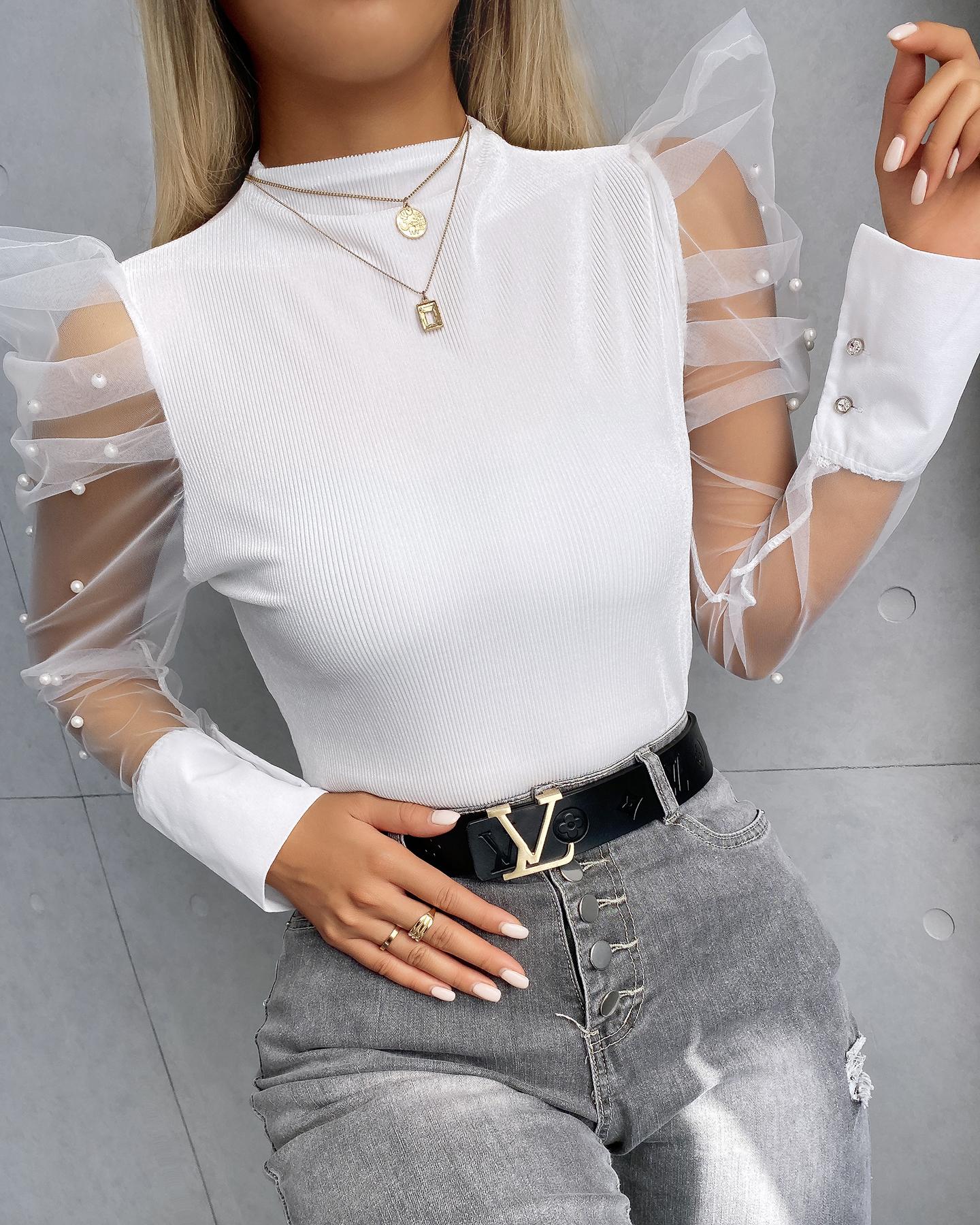 

Mesh Ruffle Hem Beaded Long Sleeve Knit Top, White