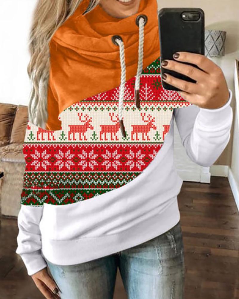 

Christmas Print Colorblock Hooded Top, Orange