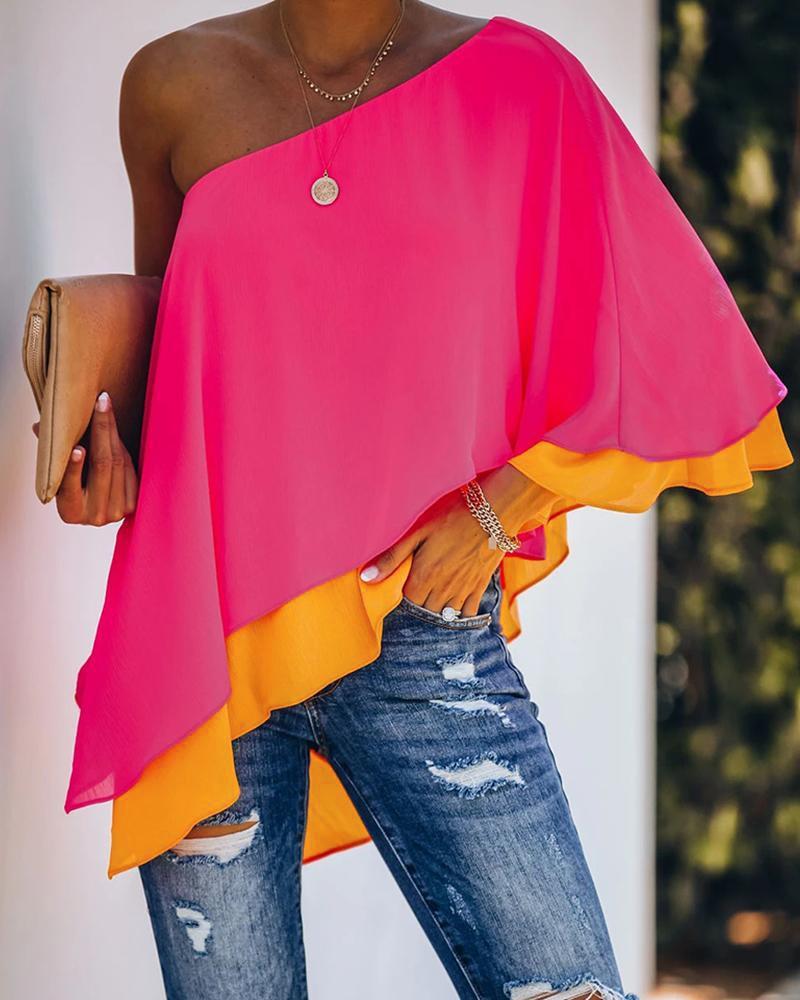 

One shoulder Colour Contrast Ruffles Scallop Trim Irregular Top, Hot pink