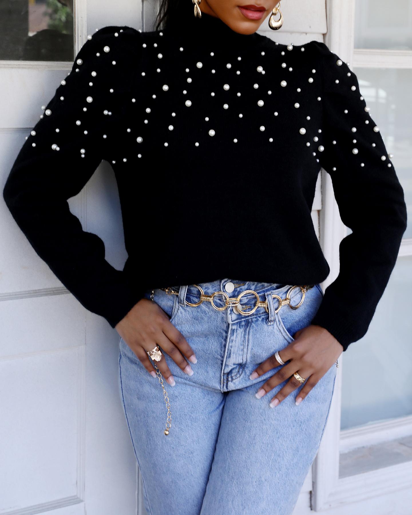 

Beaded Long Sleeve High Neck Sweater, Black