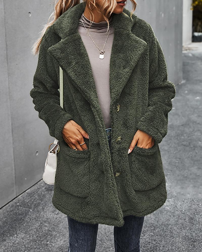 

Fluffy Buttoned Pocket Design Fleece Long Sleeve Coat, Army green