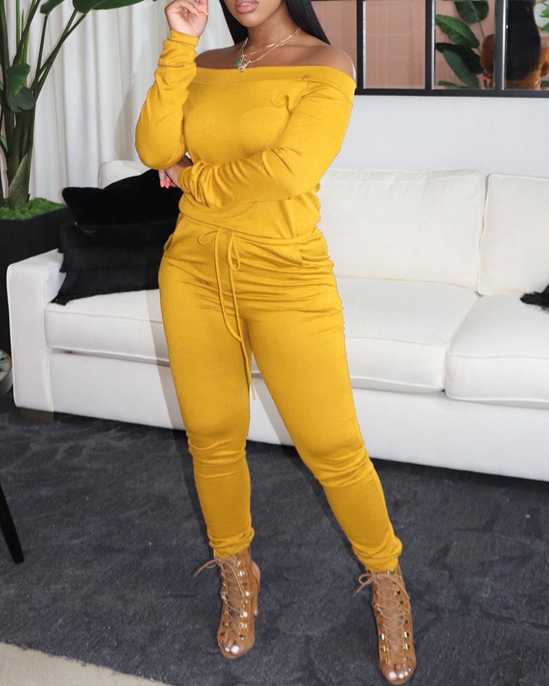 

Plain Pocket Design Long Sleeve Jumpsuit, Yellow