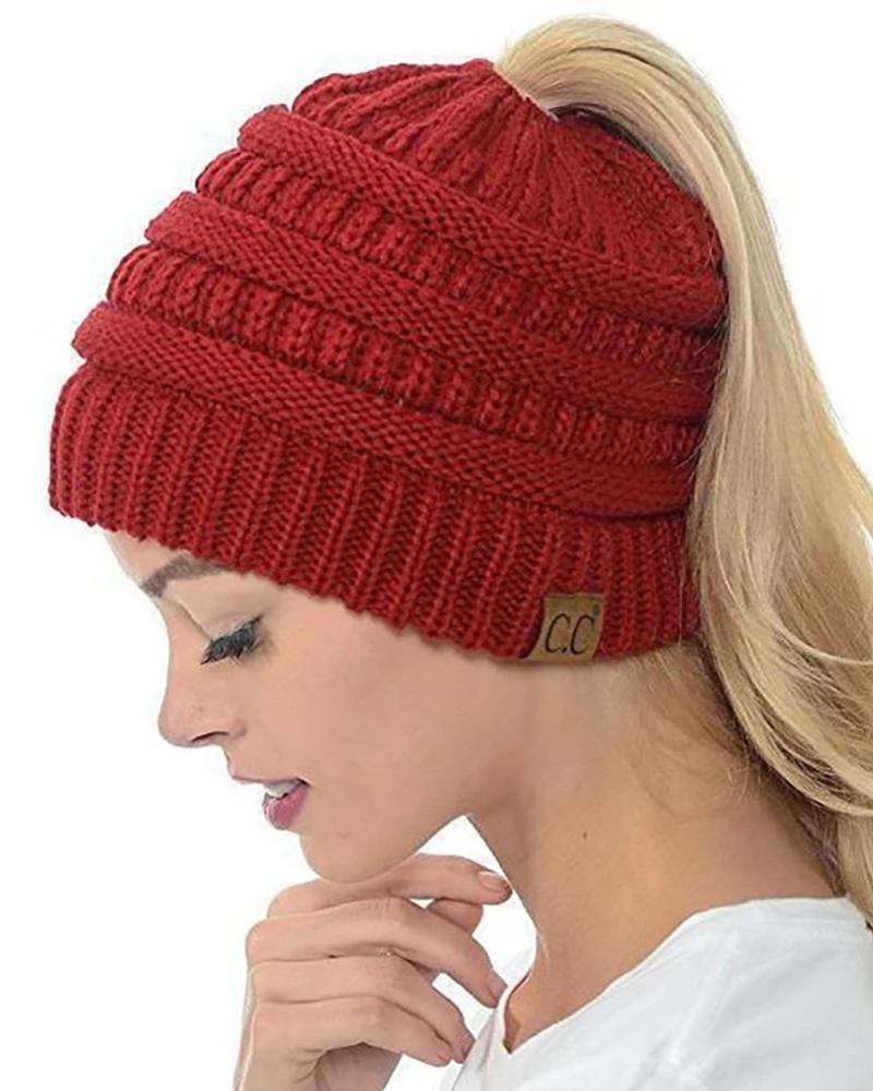 

Plain Soft Knit Ponytail Beanie Hat, Wine red