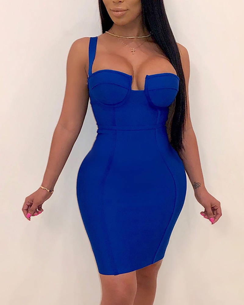 

Solid Thin Strap U-Cut Bodycon Dress, Blue