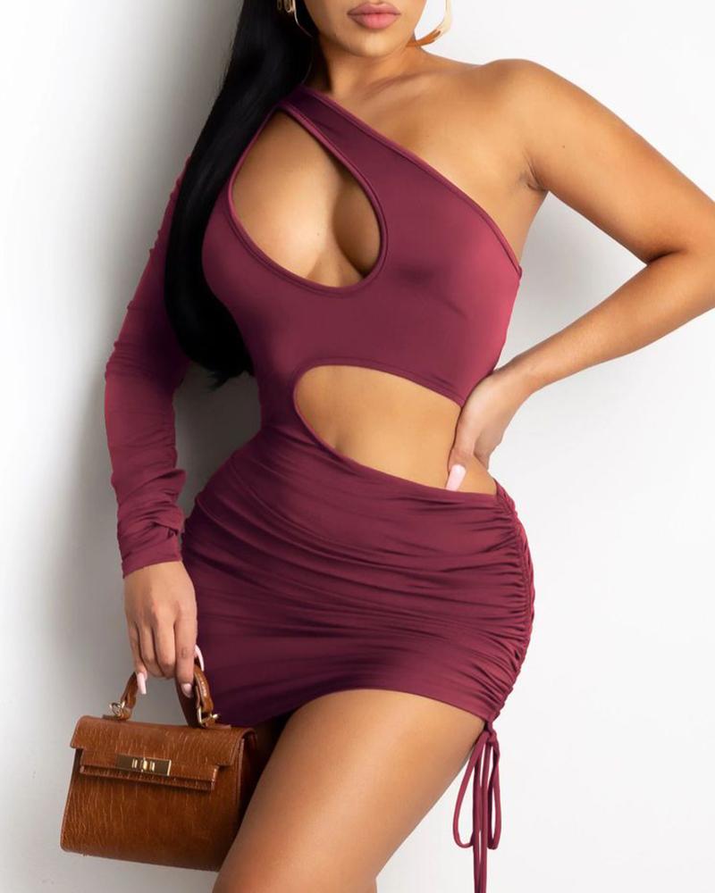 

One Shoulder Cutout Drawstring Bodycon Dress, Wine red