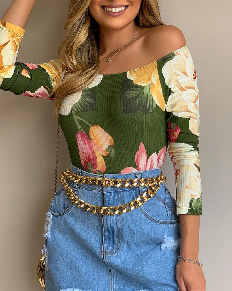 

Off Shoulder Floral Pint Top, Green