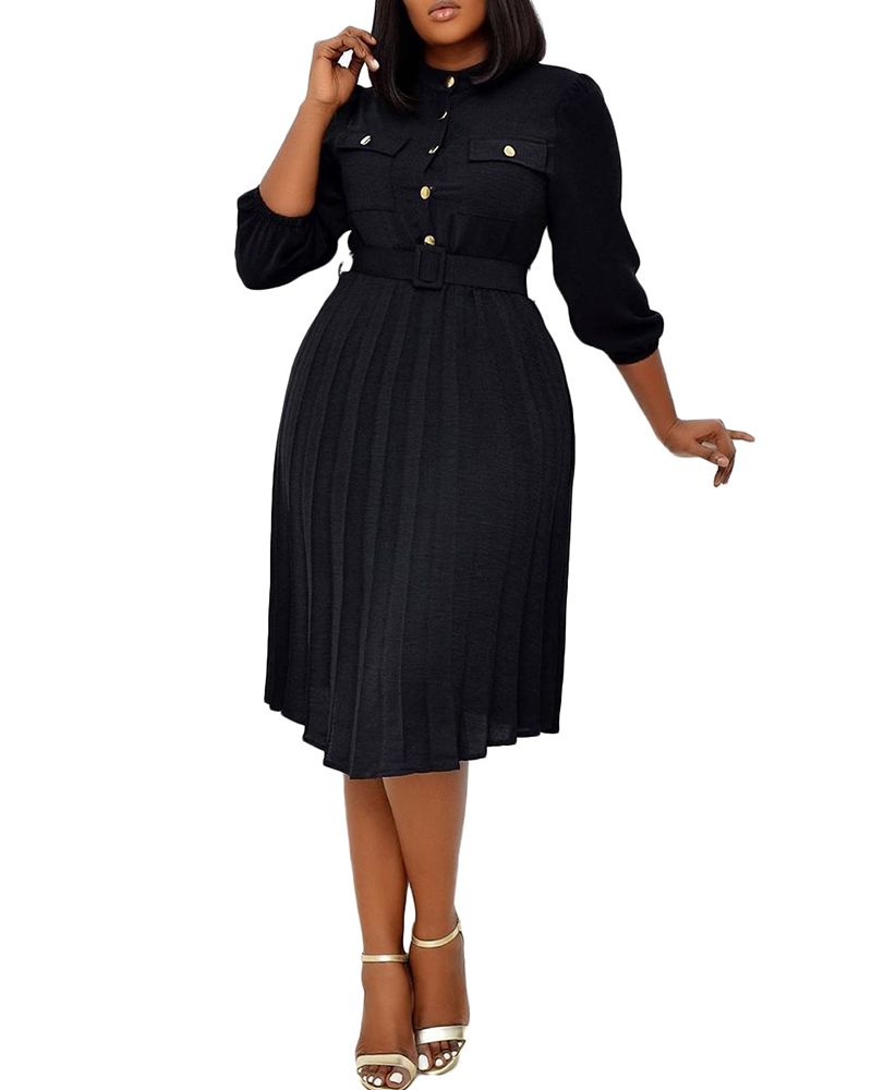 

Buttoned Pocket Design Pleated Work Dress, Black
