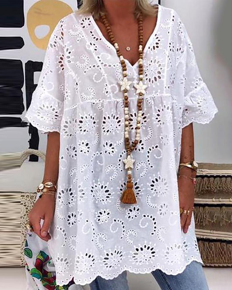 

V-Neck Hollow Out Loose Dress, White