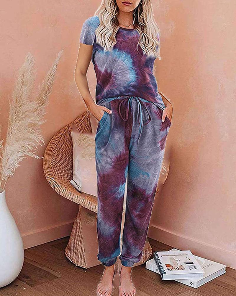 

Tie Dye Short Sleeve Loose T-shirt With Pants Suit Sets, Style2