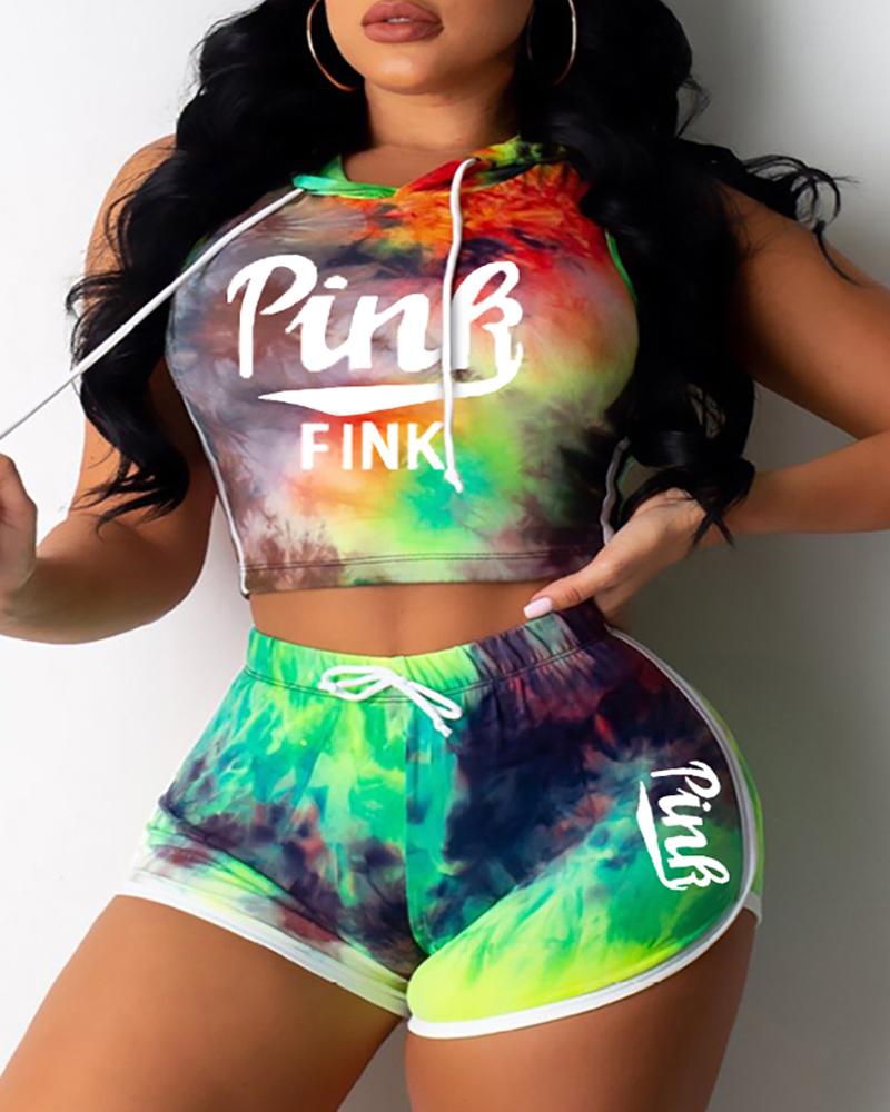 

Tie Dye Letter Print Hooded Top & Drawstring Shorts Set, Multicolor