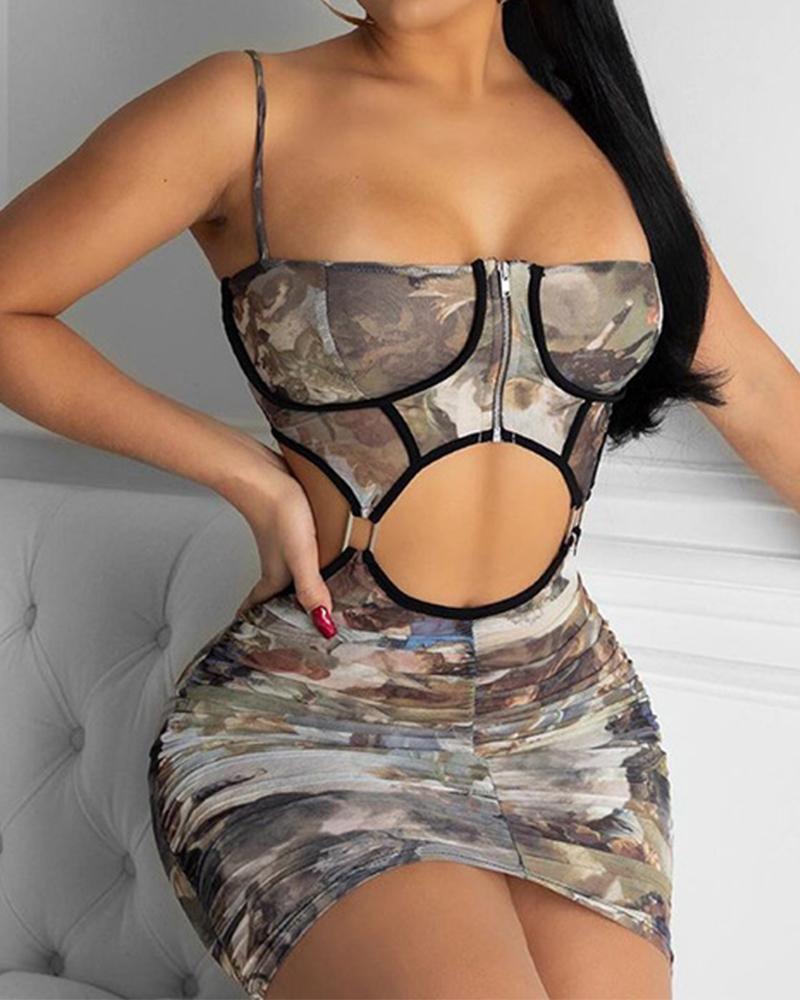 

Angel Print Splicing Zipper Cut-out Sling Ruched Mini Dress, White