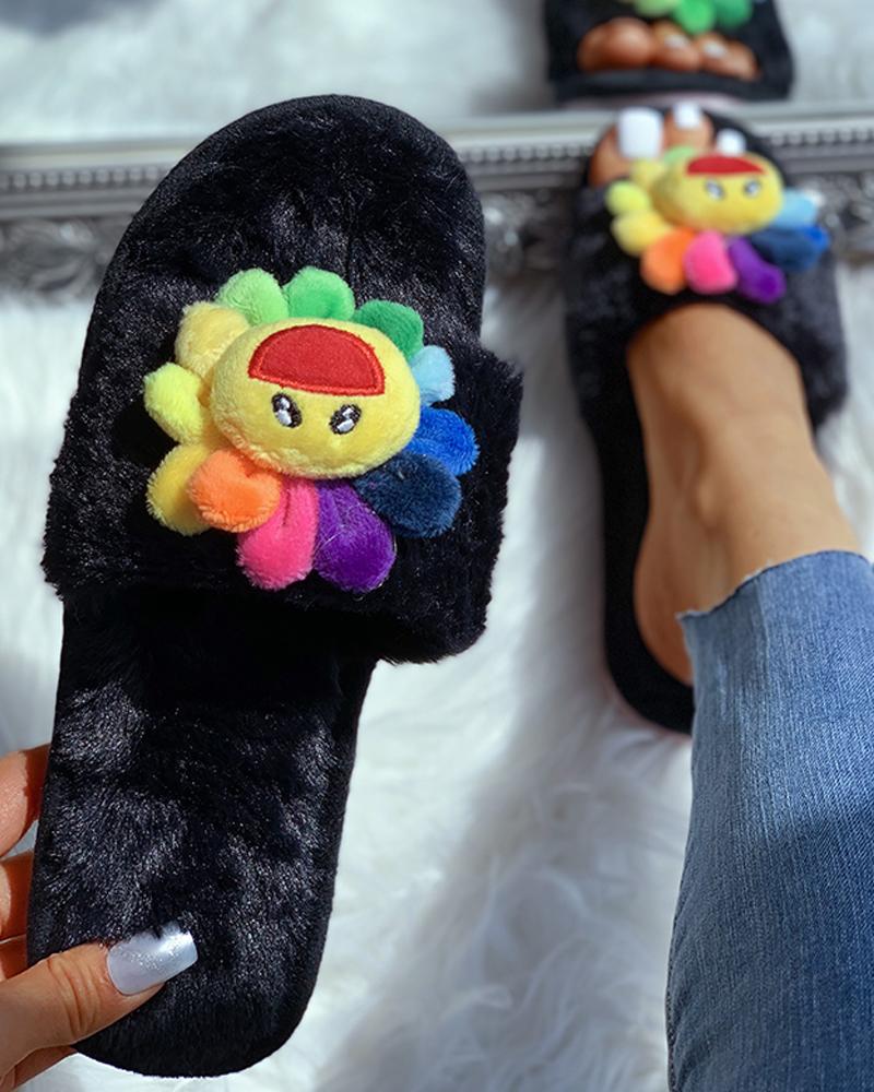 

Sunflower Pattern Fluffy Open Toe Flat Slipper, Black